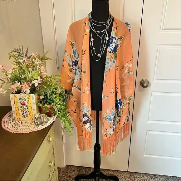 Soul Young Leopard & Floral Open Front Fringe Hem 2 Kimono Duster Blouses O/S - Picture 9 of 16